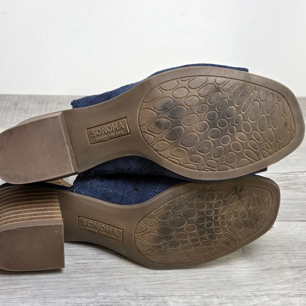 Sonoma Navy Blue Laser Cut Slingback Block Heel Sandals Womens Ortholite 6/6.5